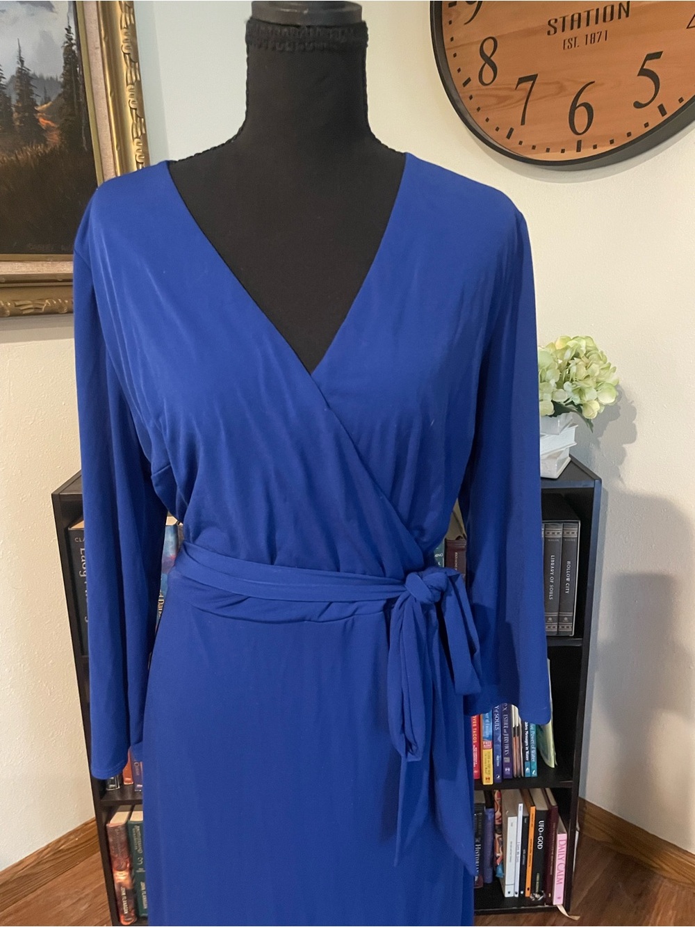 Royal Blue  Long Sleeve Wrap Midi Dress with Tie Waist - Picture 2 of 4